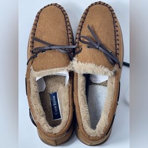 Club Room Brown Suede-Look Moccasin Slippers with Cream Fur Lining Size S(6-7)